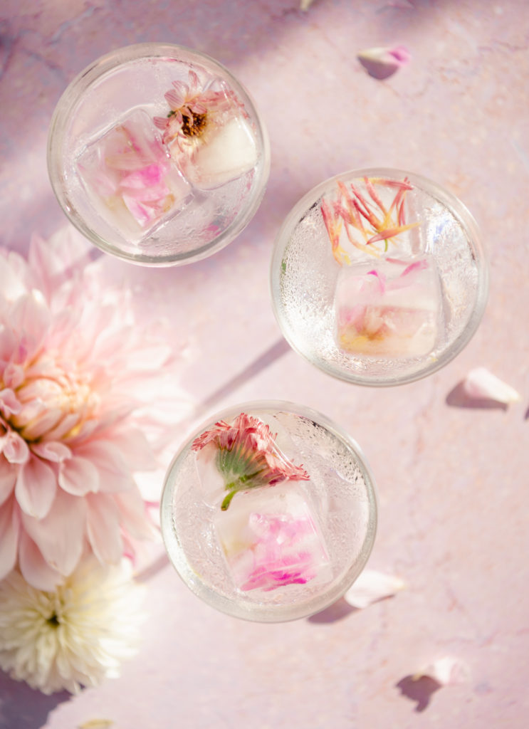 edible flower ice cubes in wine glasses with dahlias on pink table