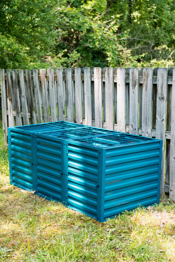 3 bin composter from gardener's supply company in blue
